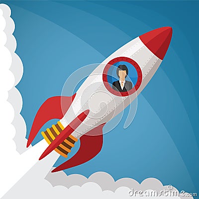 Vector startup business concept with businesswoman in space rocket window Vector Illustration