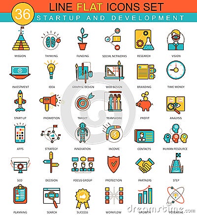 Vector Startup and development flat line icon set. Modern elegant style design for web. Vector Illustration