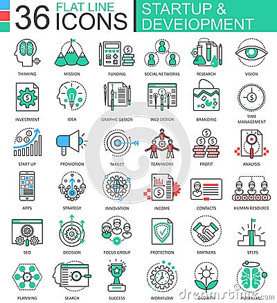Vector Startup and development modern color flat line outline icons for apps and web design. Vector Illustration
