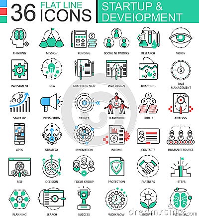 Vector Startup and development modern color flat line outline icons for apps and web design. Vector Illustration