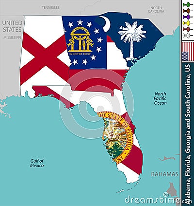 Alabama, Florida, Georgia and South Carolina Vector Illustration