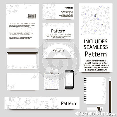 Vector stationery template design with chemistry molecules ornament. INCLUDES SEAMLESS PATTERN. Vector Illustration