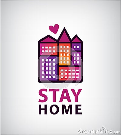 Vector stay home logo. Heart and house icon. Stayhome campaign for pandemic coronavirus, covid-19 outbreak prevention Vector Illustration