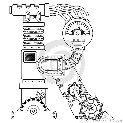 Vector Steampunk coloring book for adults. Mechanical letter alphabet made of metal gears and various details on white Vector Illustration