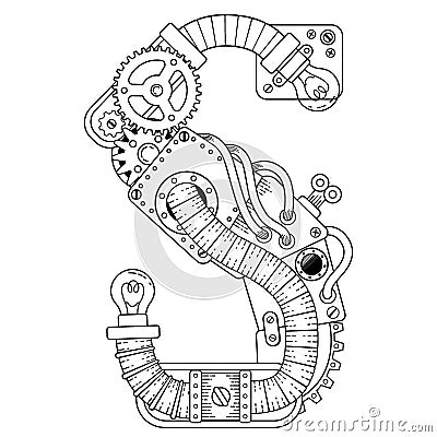 Vector Steampunk coloring book for adults. Mechanical letter alphabet made of metal gears and various details on white Vector Illustration