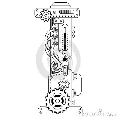 Vector Steampunk coloring book for adults. Mechanical letter alphabet made of metal gears and various details on white Vector Illustration