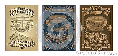 Vector steampunk posters with fantastic wooden flying ship Vector Illustration