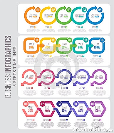 Vector 5 steps timeline infographic template with arrows. Four i Vector Illustration