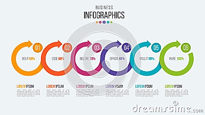 Vector 6 steps timeline infographic template with circular arrow Vector Illustration