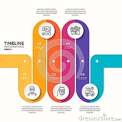 Vector 5 steps winding colorful timeline infographic template Vector Illustration