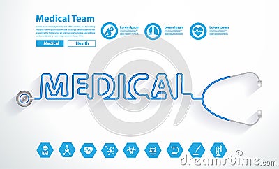 Vector stethoscope heart with creative medical text design Vector Illustration