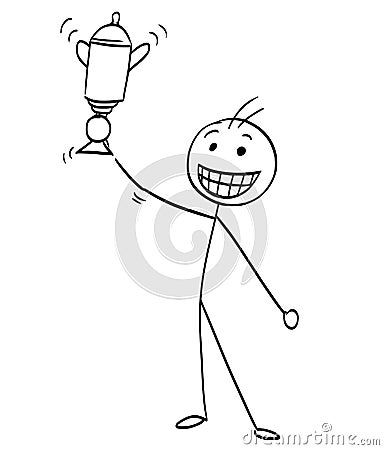 Vector Stick Man Cartoon of Happy Man Holding a Trophy Winning Vector Illustration