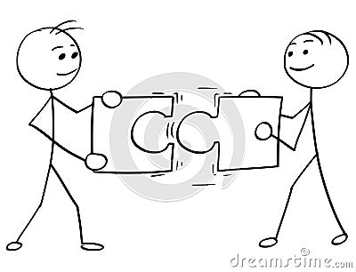 Vector Stick Man Cartoon of Two Men Holding a Large Jigsaw Vector Illustration