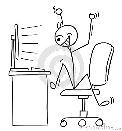 Vector Stick Man Cartoon of Very Happy Man Watching Computer Screen and Celebrating Success Vector Illustration