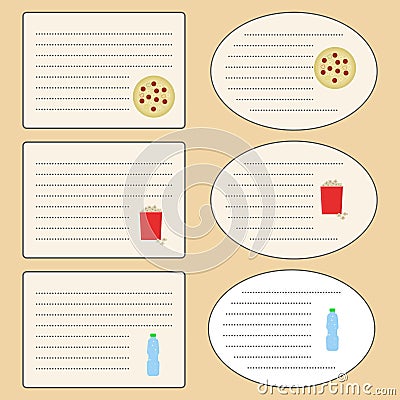 Vector sticker for notebook. Sticker with Pizza, popcorn, water Vector Illustration