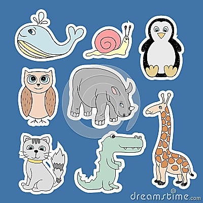 Vector stickers with baby animals . Cartoon illustrations Stock Photo