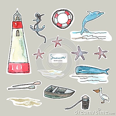 Marine objects set. Pen drawing with watercolor style background. Vector Illustration