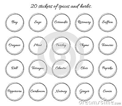 20 vector stickers or labels with names of spices and herbs. Vector Illustration