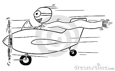 Vector Stickman Cartoon of Smiling Man Flying Small Aircraft Vector Illustration