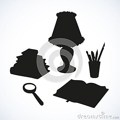 Vector still life. Books, magnifying glass, lamp and pens Vector Illustration