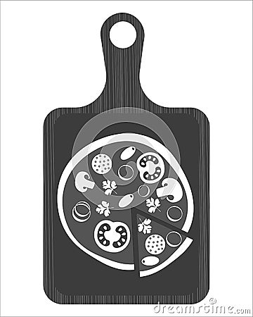 Vector still life with cutting board and pizza with mushrooms, olives and herbs. Monochrome hand drawn illustration Vector Illustration