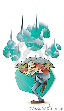 Vector stock illustration. Funny frightened man hiding under an umbrella from a falling currency Vector Illustration
