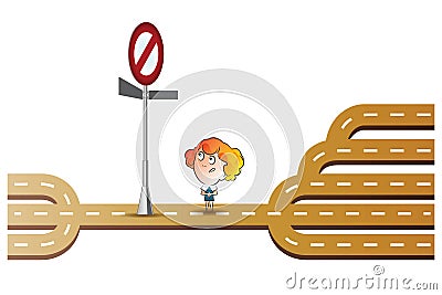 Vector stock illustration. Girl before prohibitory sign. Man does not know what to do Vector Illustration