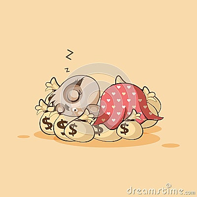 Owl sticker emoticon sleeps on bags money Vector Illustration