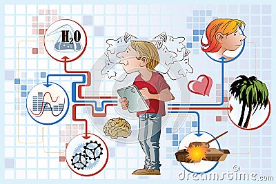 Vector stock illustration. Man with a tablet makes a choice between the heart and the brain Vector Illustration