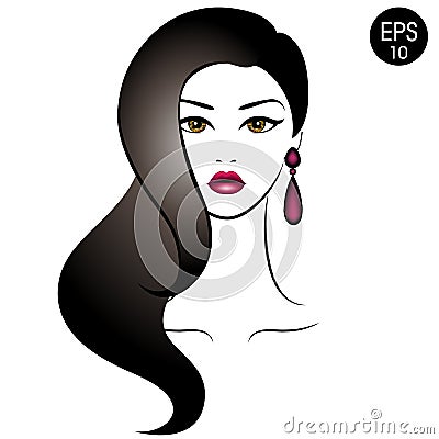 Vector Stock Woman with black hair. Beauty Girl Portrait with classic Hairstyle and Earrings Vector Illustration