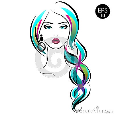 Vector Stock Woman with braid. Beauty Girl Portrait with Colorful hair and Earrings Vector Illustration