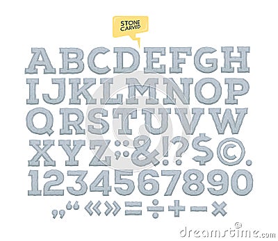 Vector stone carved alphabet. Letters. numbers made of stone Vector Illustration