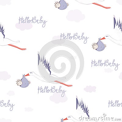 Vector Stork Flight and Baby Delivery in Sky seamless pattern background. Vector Illustration