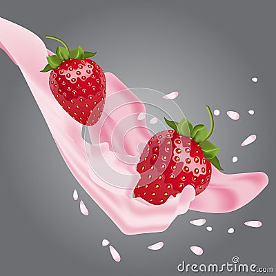 Vector strawberries in pink milk Stock Photo