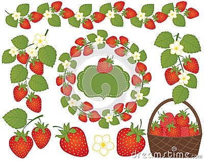 Vector Strawberries Set Included Basket, Wreath, Frame and Flowers. Vector Strawberry. Vector Illustration