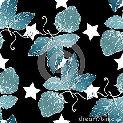 Vector Strawberry fruits. Blue engraved ink art. Seamless background pattern. Vector Illustration