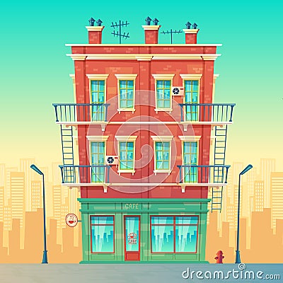 Vector street cafe in residential multi-storey apartment Vector Illustration