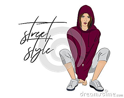 Vector street style poster. Sporty woman figure outfit, fashion illustration. Girl in crop top hoodie and sneakers. Hand Vector Illustration