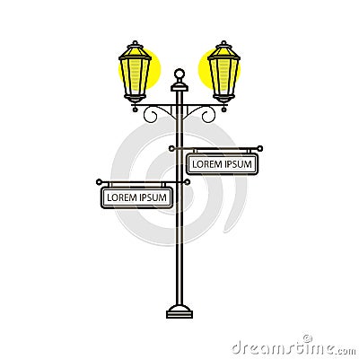 Vector streetlight in flat style with sign. Vintage outdoor light. Exterior illuminator with pointer. Street lamppost Vector Illustration