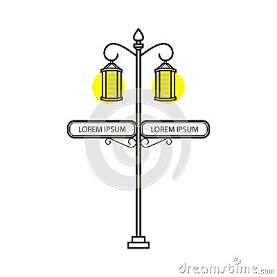 Vector streetlight in flat style with sign. Vintage outdoor light. Exterior illuminator with pointer. Street lamppost Vector Illustration