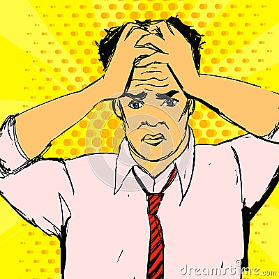 Vector stressed office worker man illustration. Businessman with hands on his head. Health problems with migraine. Vector Illustration