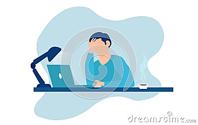 Vector of stressed tired man sitting at table working on laptop computer Vector Illustration
