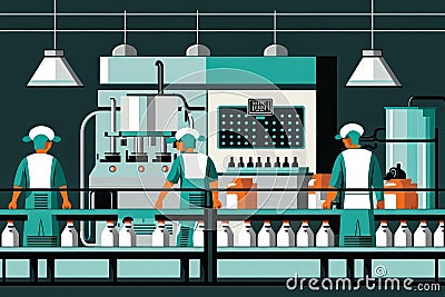 vector style illustration of a bottling plant with bottles of milk moving on a conveyor belt and workers in hairnets Cartoon Illustration