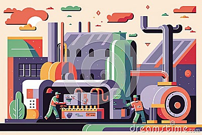 vector style illustration of a plastics manufacturing plant with cartoonish machinery and colorful characters operating them Cartoon Illustration