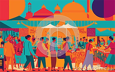 vector styled background illustration depicting a bustling market scene with vibrant stalls, diverse people, and a Vector Illustration