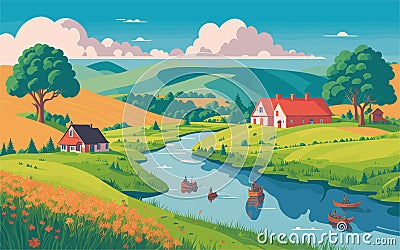 vector styled background illustration depicting a serene and picturesque countryside with rolling hills, quaint Vector Illustration