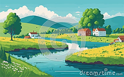 vector styled background illustration depicting a serene and picturesque countryside with rolling hills, quaint Vector Illustration