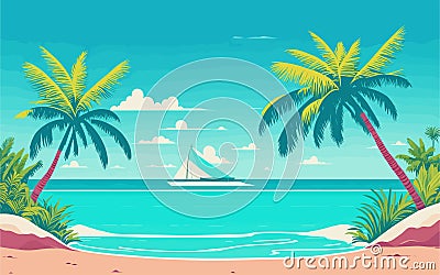 vector-styled background illustration depicting a tropical paradise with palm trees, white sandy beaches, and turquoise Vector Illustration