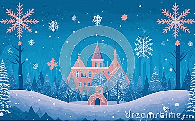 vector-styled background illustration featuring a magical winter wonderland with snow-covered landscapes, sparkling Vector Illustration