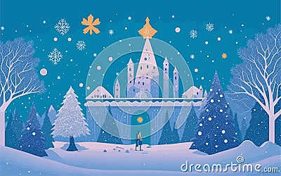 vector-styled background illustration featuring a magical winter wonderland with snow-covered landscapes, sparkling Vector Illustration